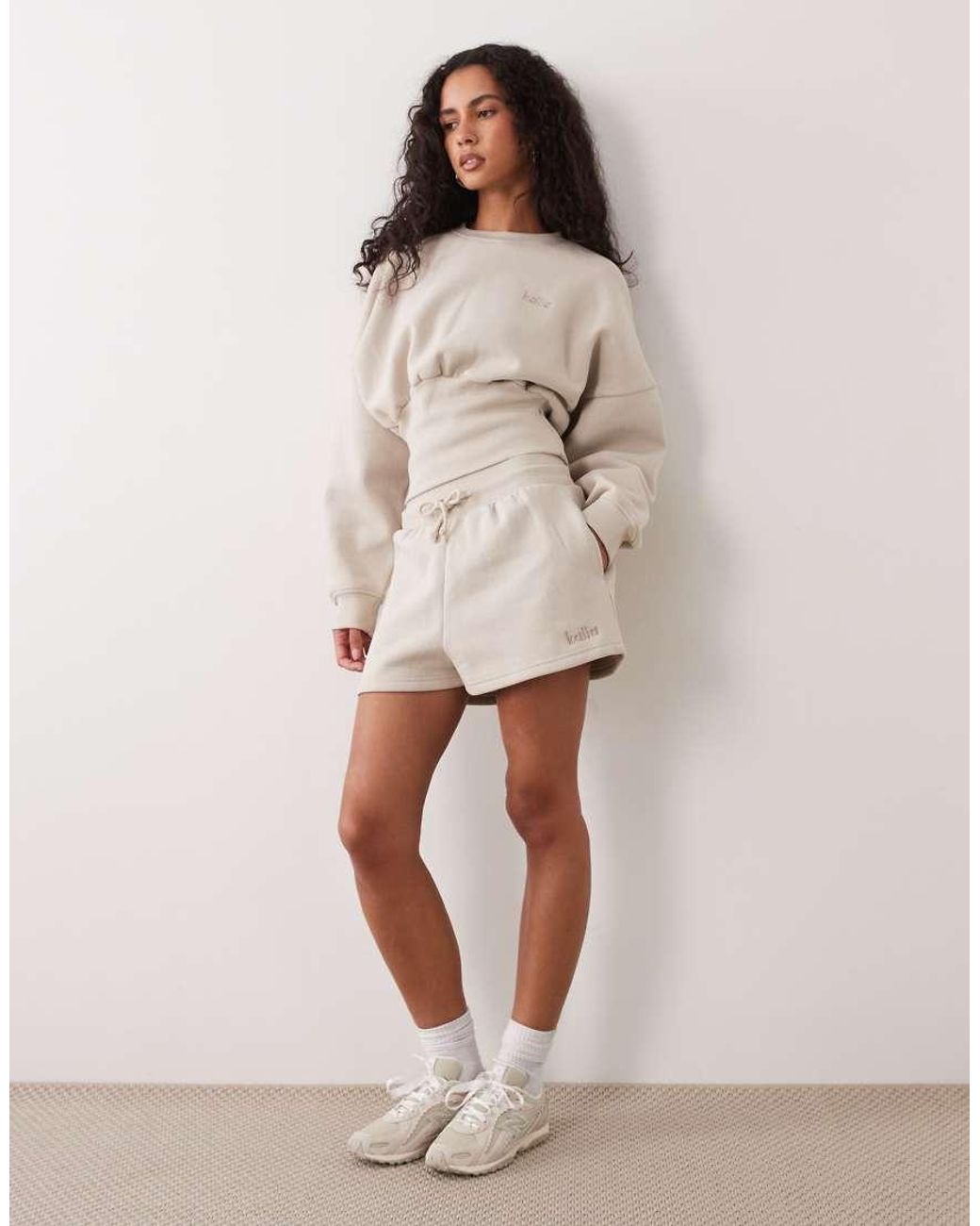 Kaiia Natural Cotton Rich Extreme Oversized Sleeve Cinched Waist Sweatshirt Co-ord