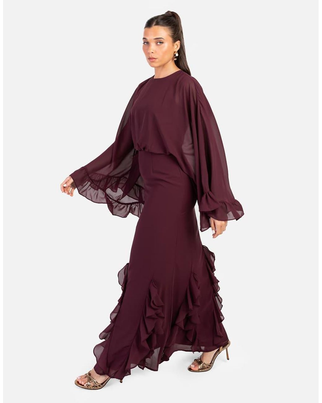 ANAYA Red Oversized Sleeve Round Neck Ruffle Maxi Dress