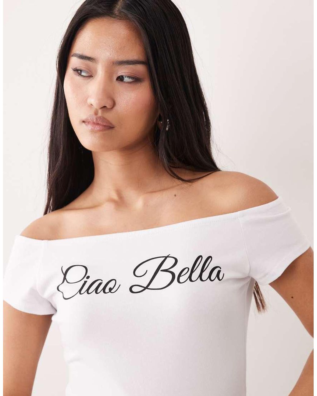 ASOS White Off Shoulder Baby Tee With Ciao Bella Graphic