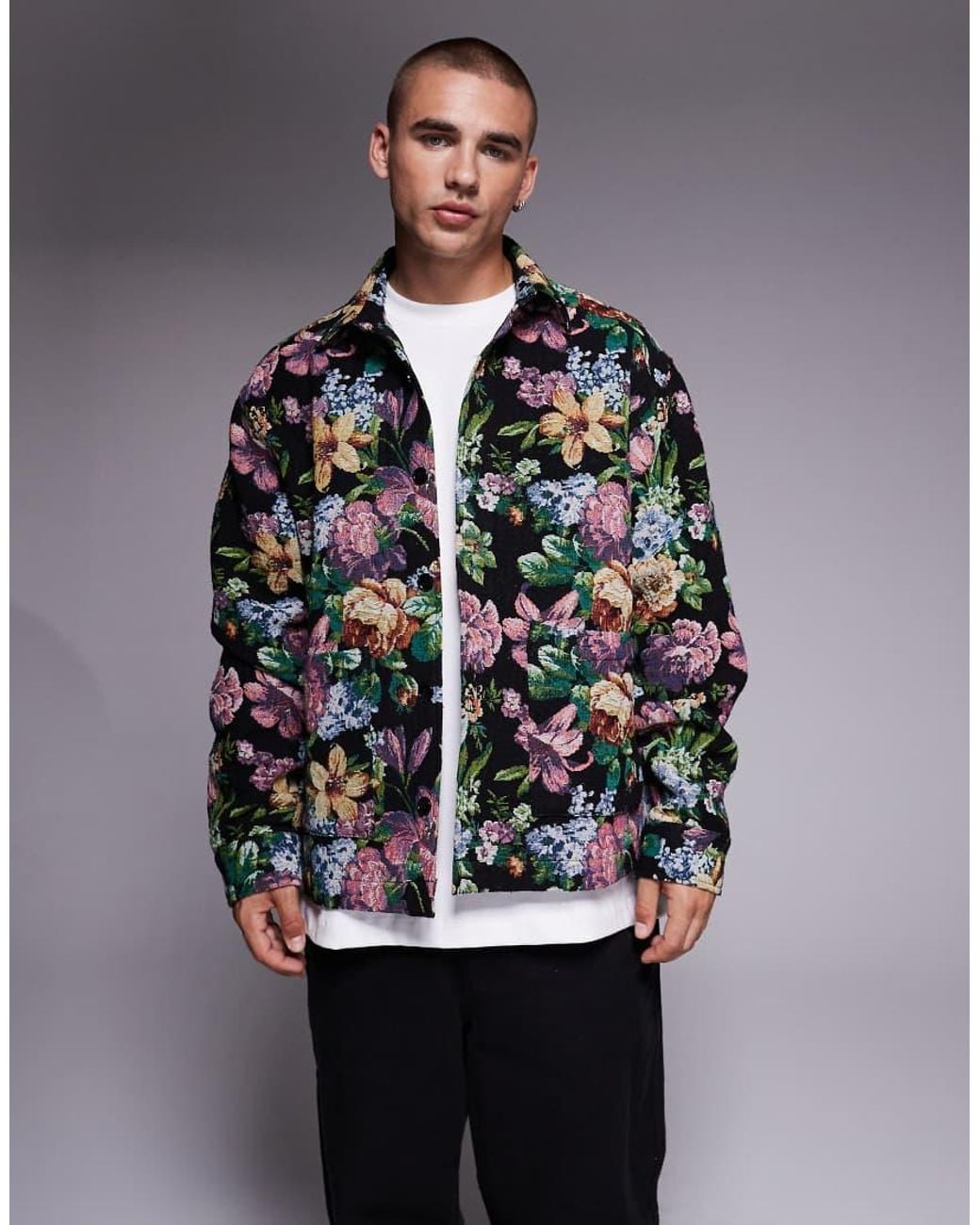 ASOS Gray Boxy Oversized Floral Tapestry Shirt for men