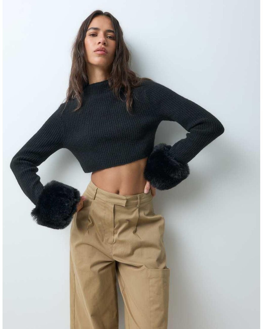 Miss Selfridge Black Crew Neck Knitted Jumper With Fur Collar And Cuff