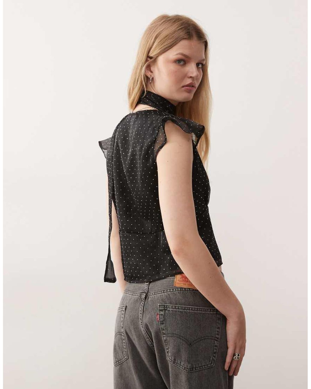 Reclaimed Vintage Black Chiffon Tea Top With Flutter Sleeve And Scarf