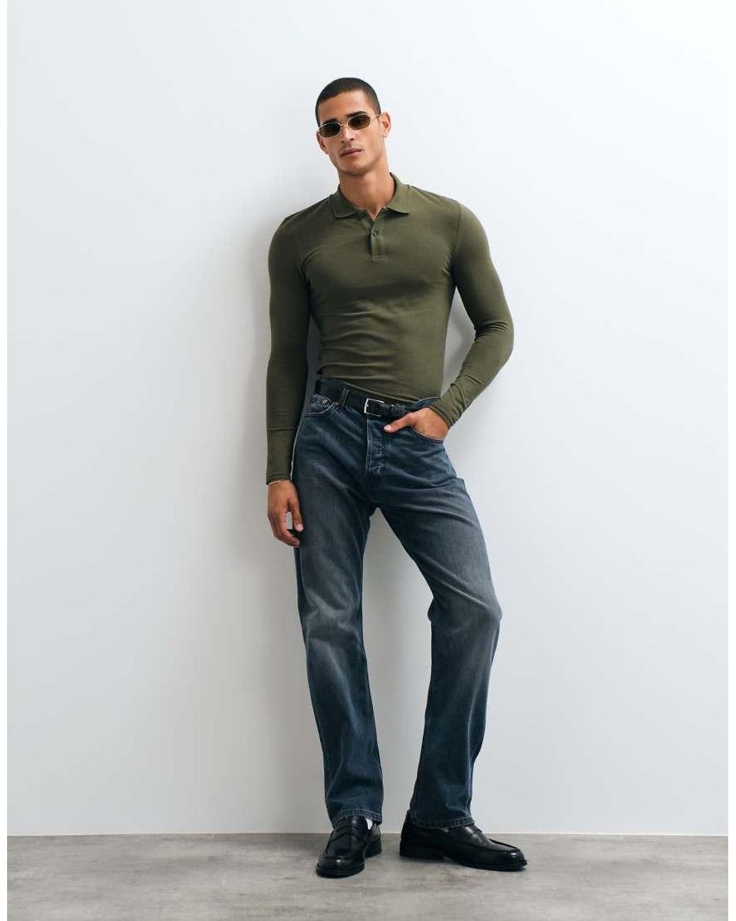 ASOS Green Essentials Long Sleeve Muscle Fit Polo for men