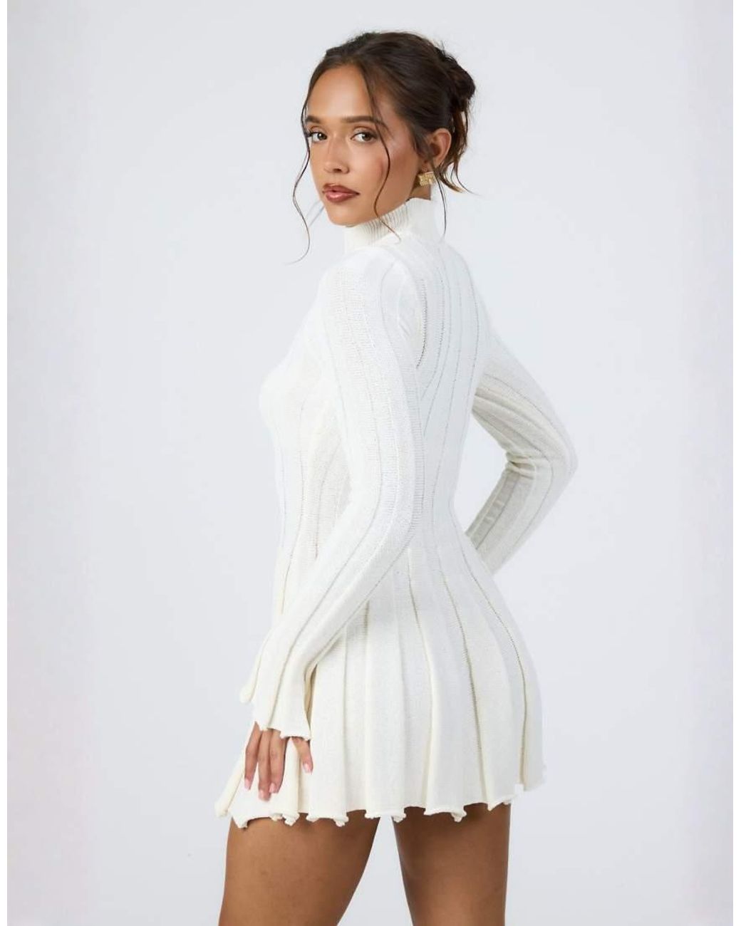 Aria Cove Gray Knitted High Neck Wide Rib Pleat Hem Mini Dress