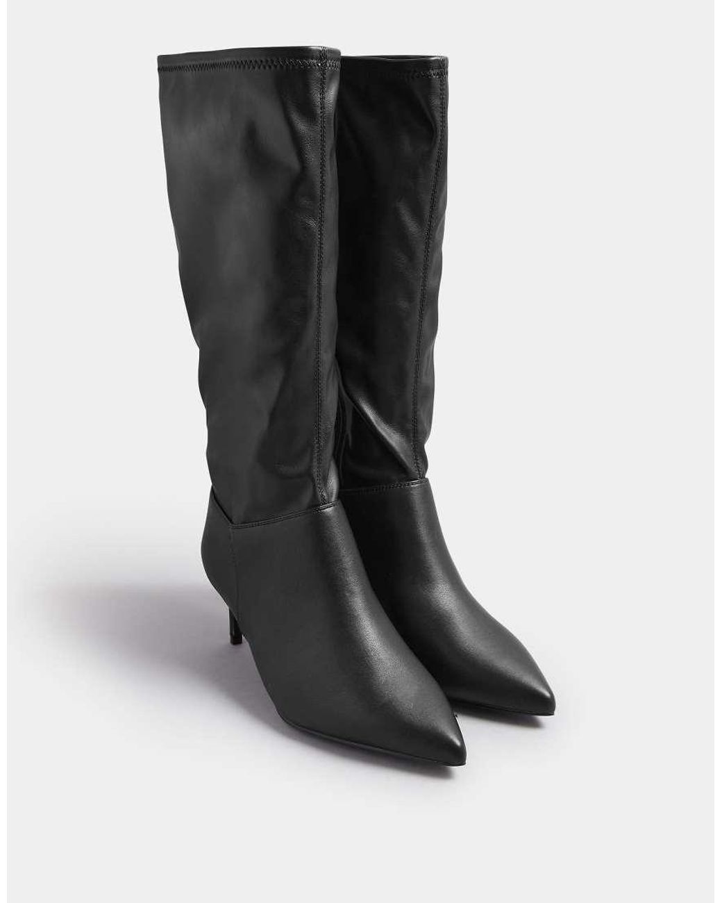 Yours Clothing Black Faux Leather Pointed Kitten Heel Boots