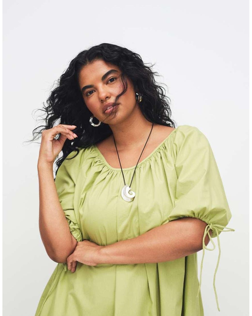 ASOS Green Asos Design Curve Scoop Neck Poplin Mini Dress With Tie Sleeves