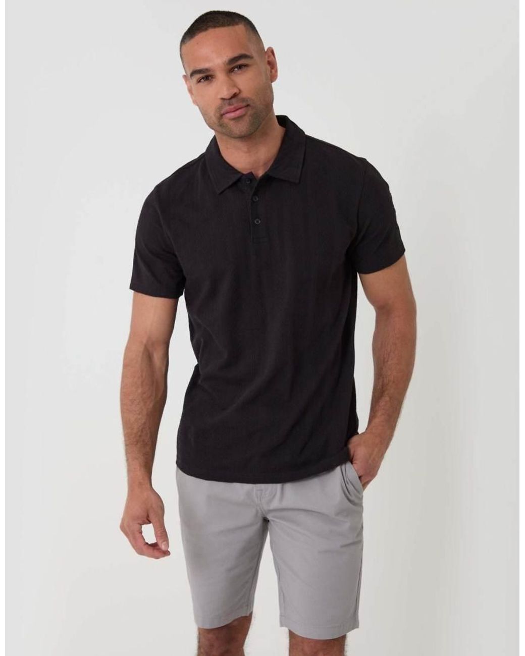 Threadbare Black Textured Cotton Polo Shirt for men