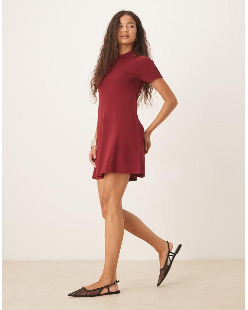 Mango Red Knit High Neck Short Sleeve Mini Dress