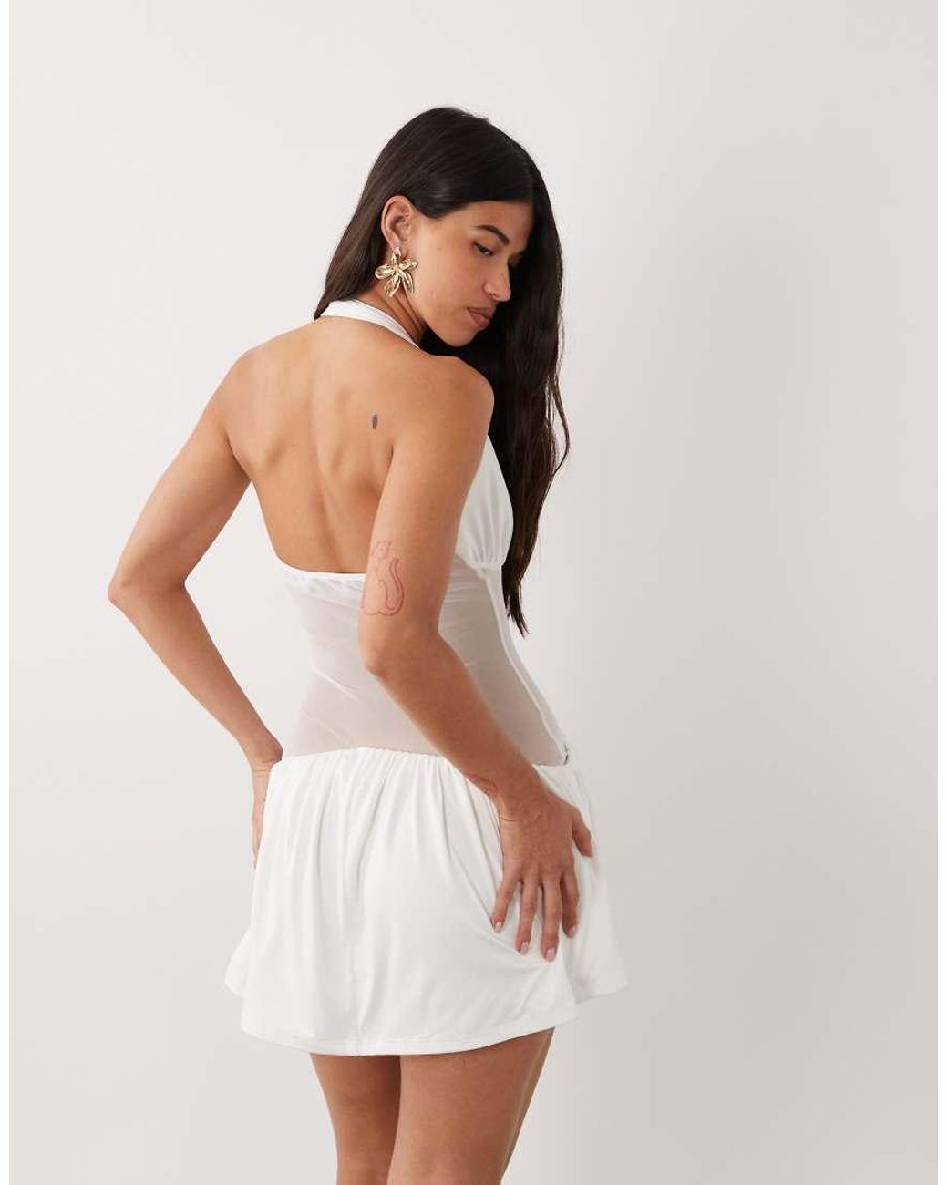 Aria Cove White Double Layered Slinky Halterneck Mesh Insert Detail Mini Dress