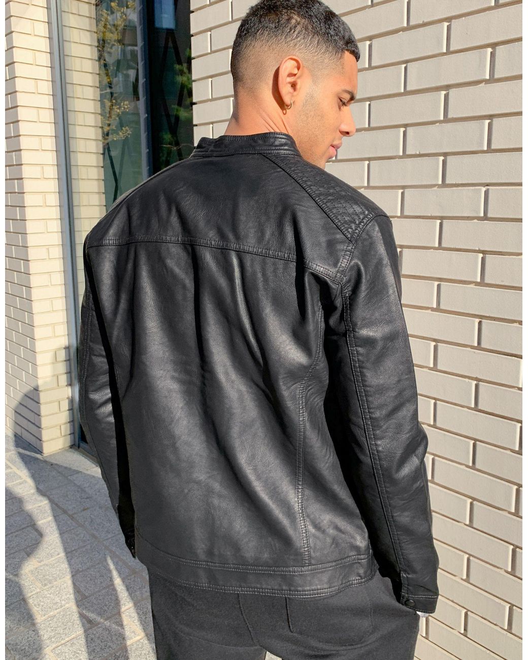 Jack & Jones Essentials Faux Leather Biker Jacket in Black for Men | Lyst UK