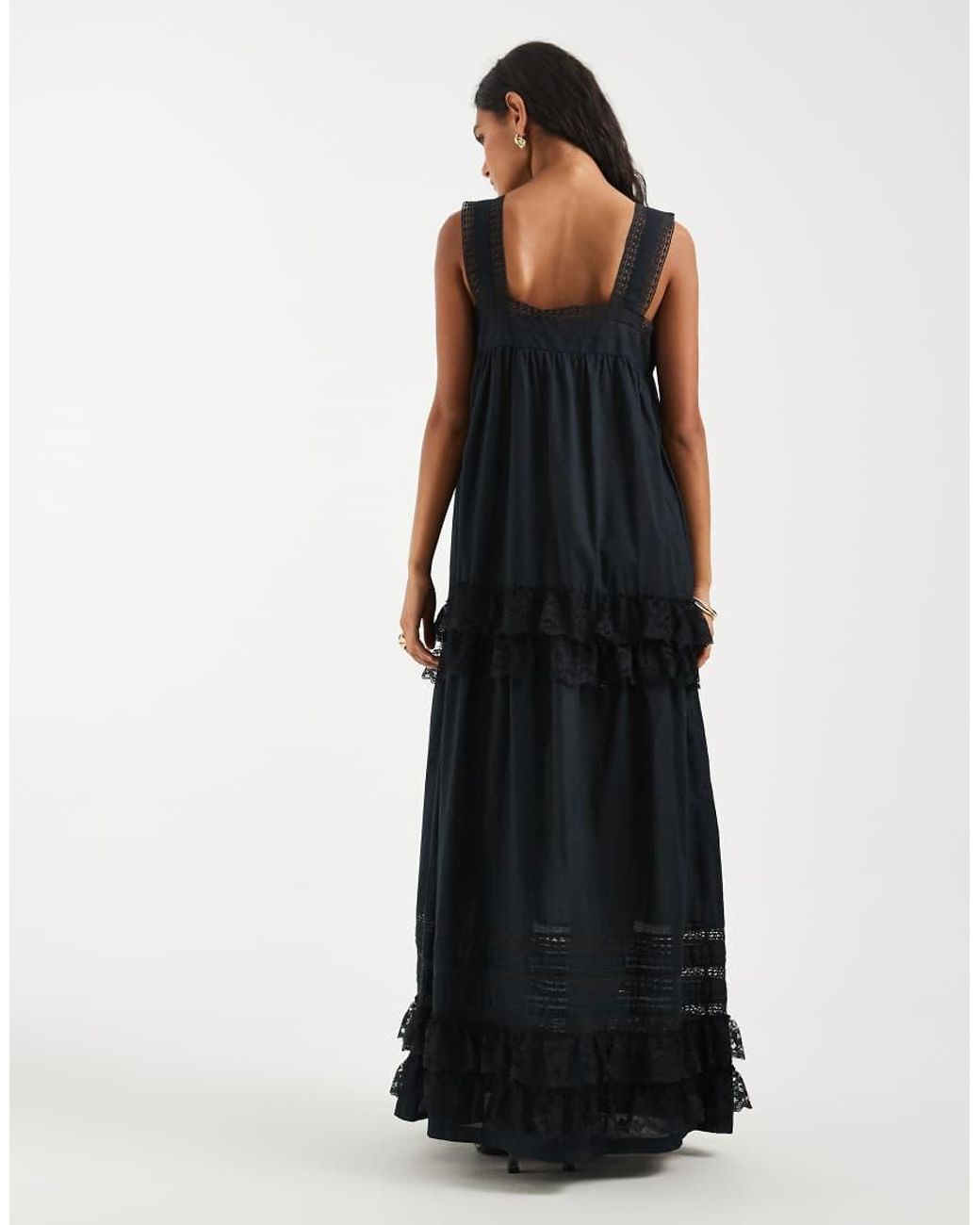 Object Black Premium Lace And Ruffle Trim Tiered Boho Maxi Dress
