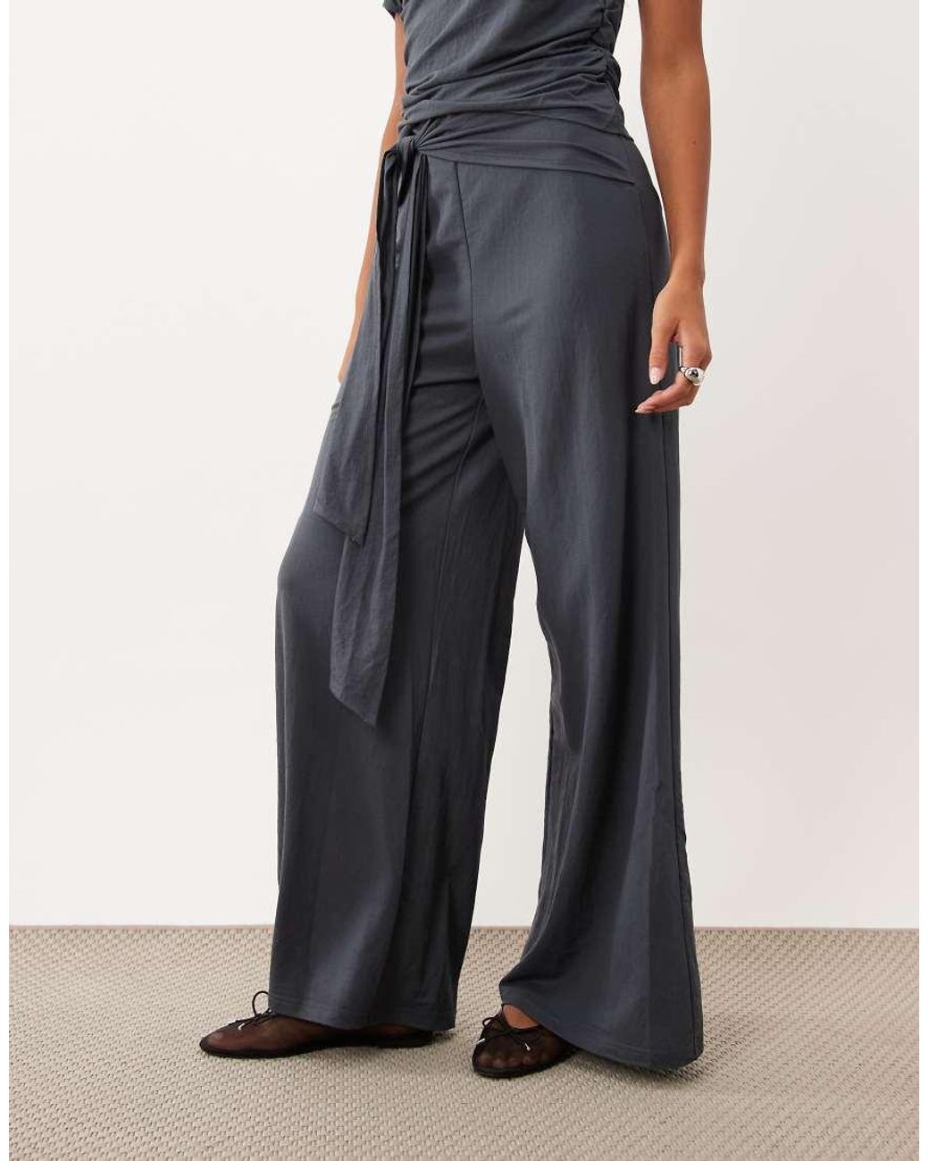 ASOS Blue Jersey Tie Waist Detail Wide Leg Trouser