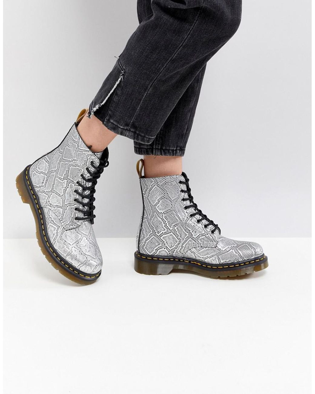 Dr. Martens Silver Snake Lace Up Boots in Metallic | Lyst
