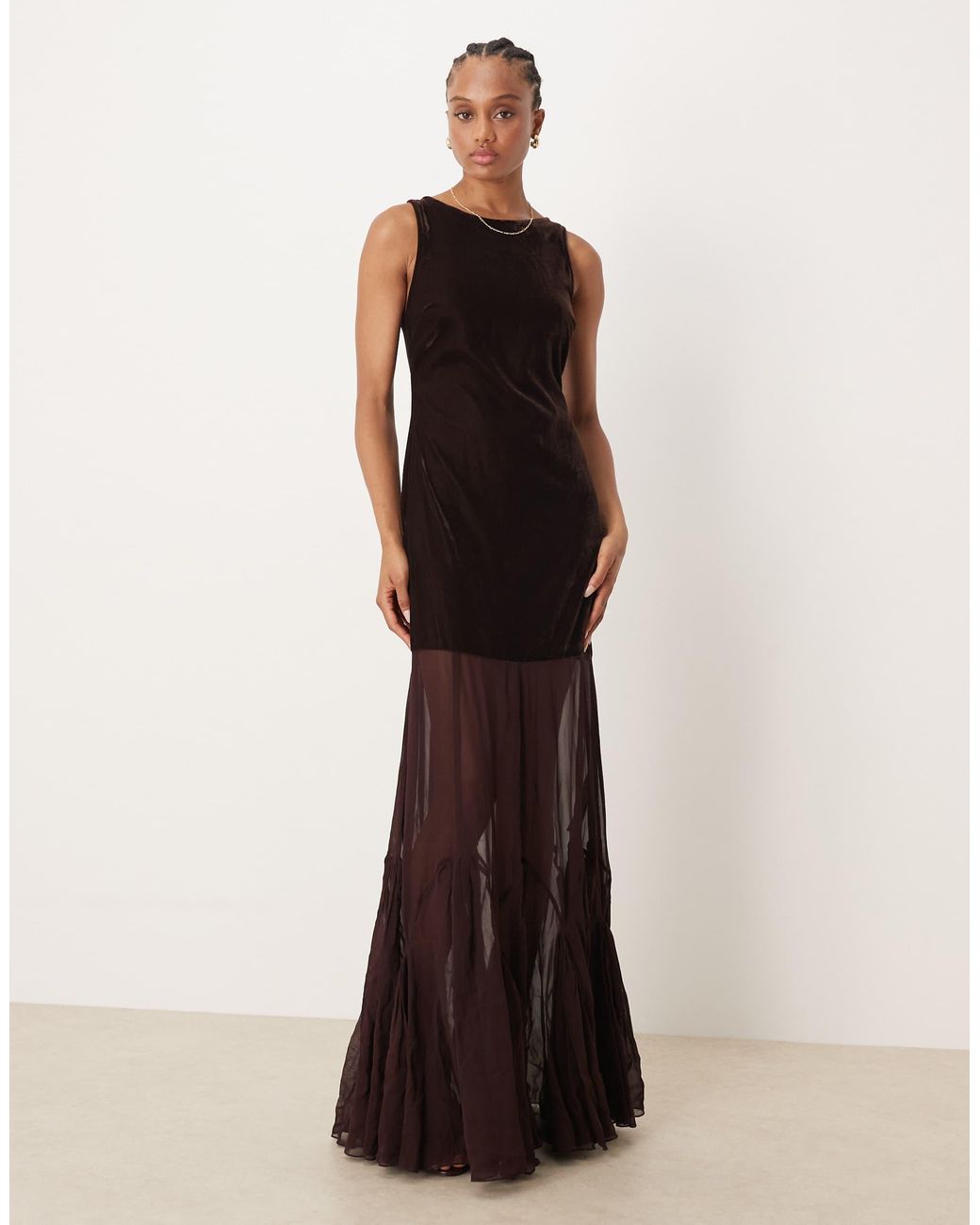 ASOS Asos Design Tall Drop Waist Velvet Maxi Dress With Sheer Godet Skirt  in Brown | Lyst