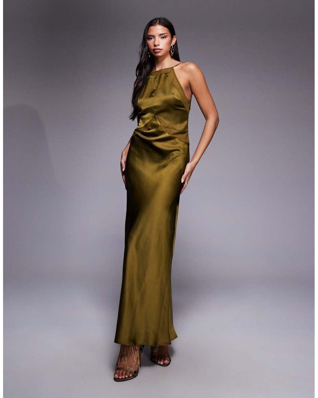 ASOS Green Satin Chiffon Mix Square High Neck Maxi Dress