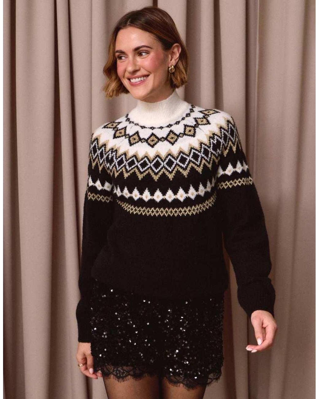 Threadbare Brown Fairisle Funnel Neck Christmas Jumper
