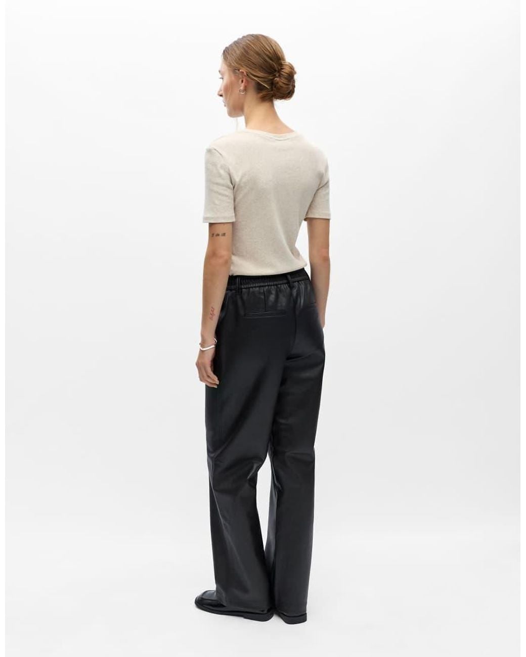 Object Black Liva Faux Leather Mid Waist Wide Leg Trousers