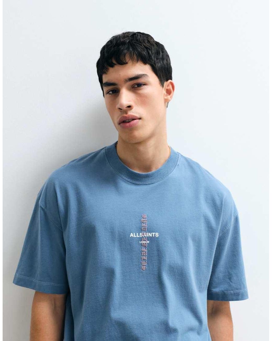 AllSaints Blue Knox Embroidered Logo T-shirt With Back Print for men