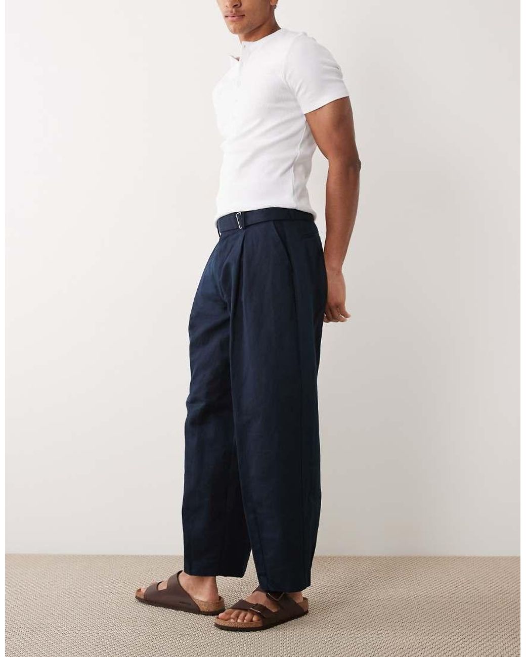 ASOS Blue Linen Rich Tailored Belted Wide Barrel Leg Trousers for men