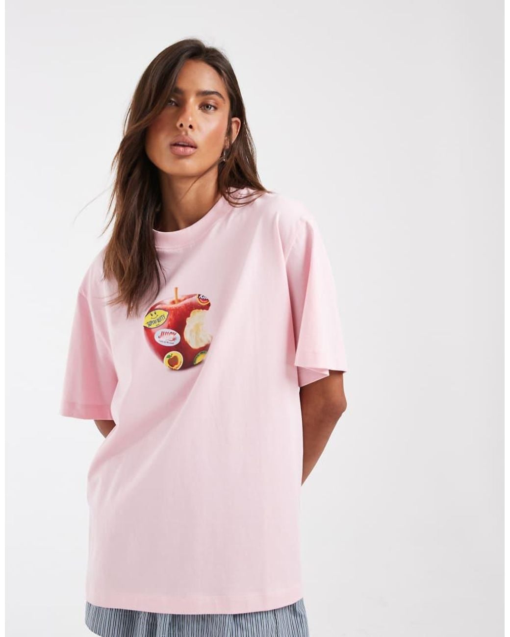 ASOS Pink Oversized Tee With Apple Sticker Graphic