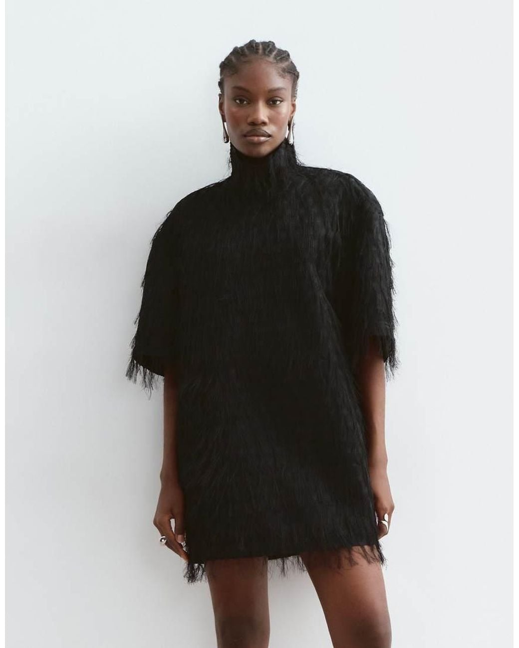 ARRANGE Black All Over Fringe T-shirt Sleeve Mini Dress