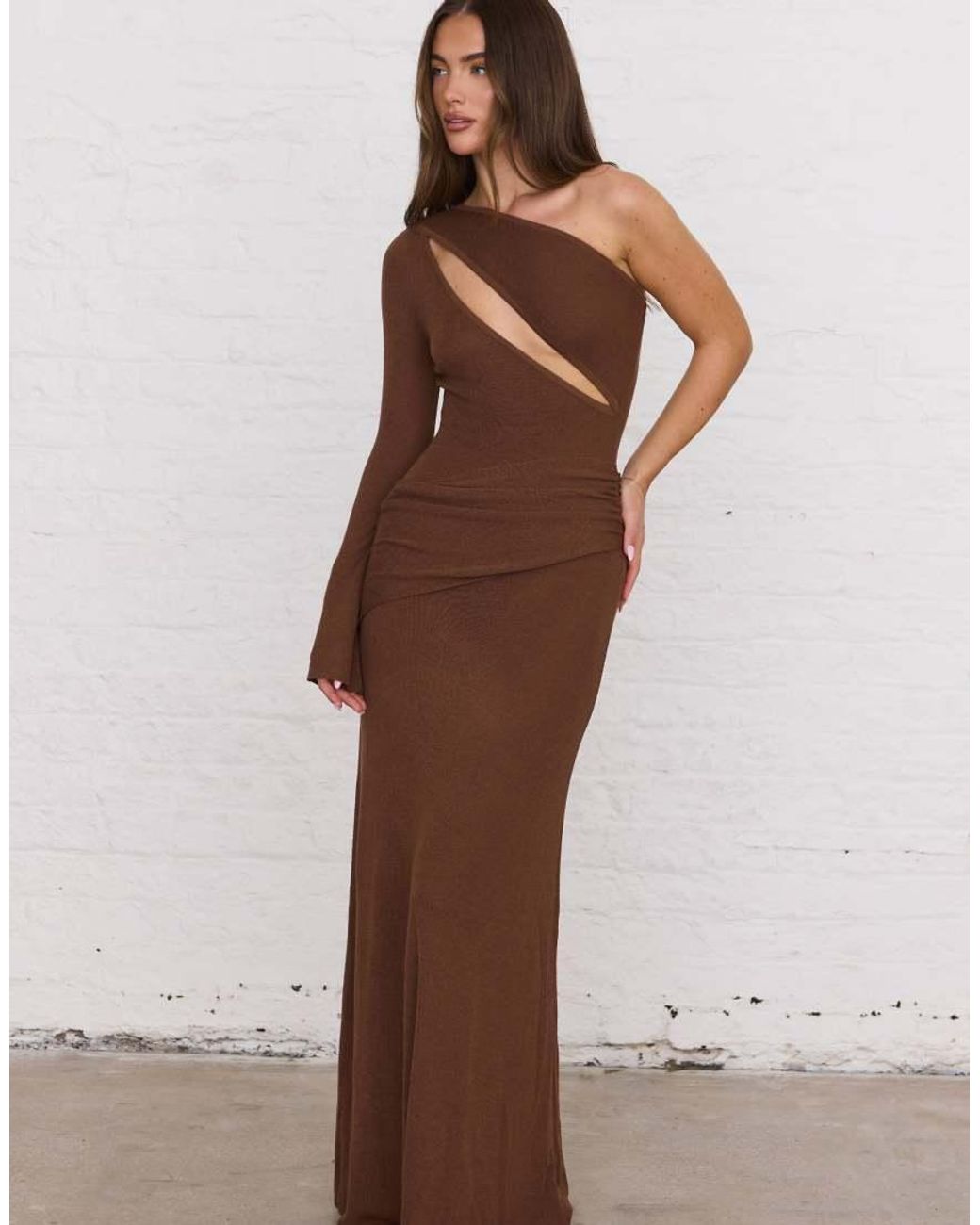 Aria Cove Brown Knit Cut Out One Shoulder Draped Detailing Maxi Dress