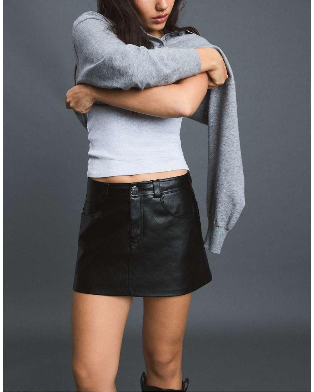 Stradivarius Gray D62 Leather Effect Skort