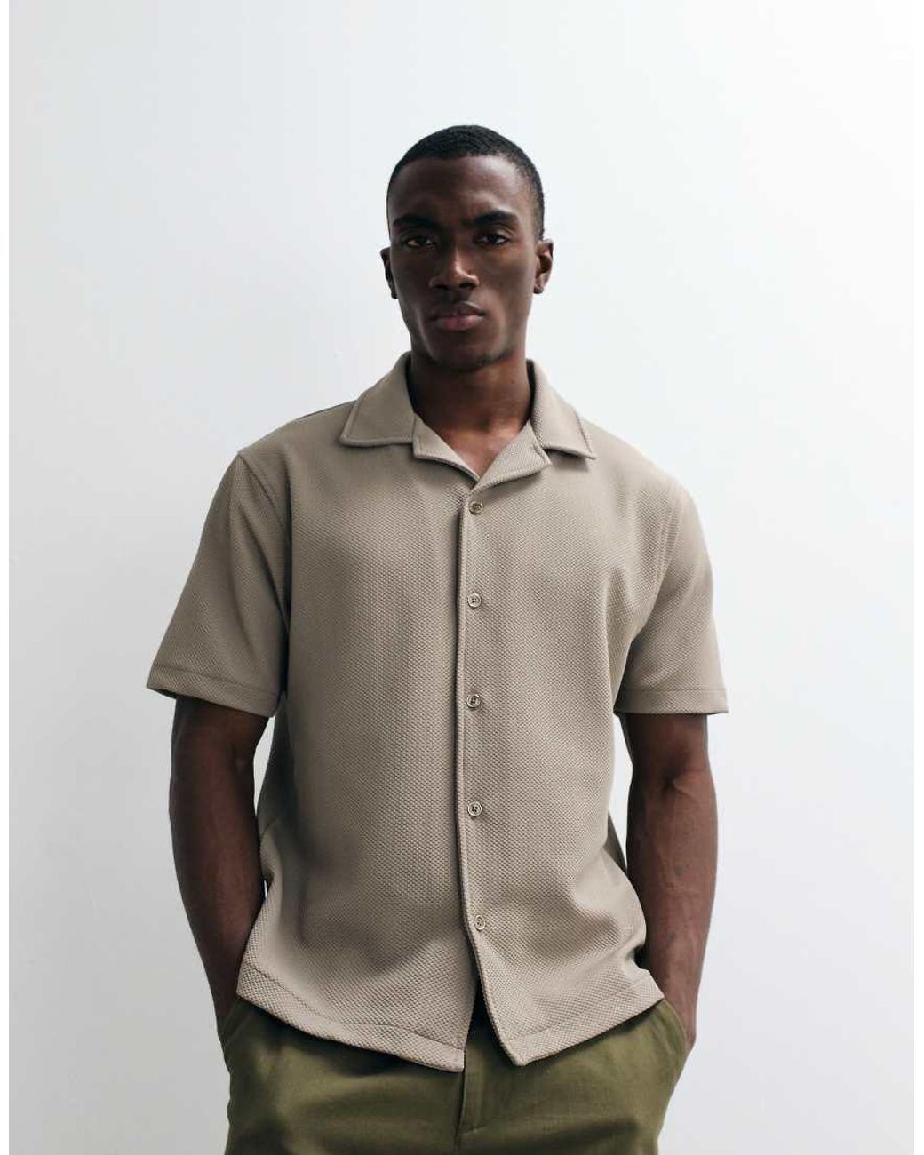 River Island Natural Textured Camp Collar Shirt for men