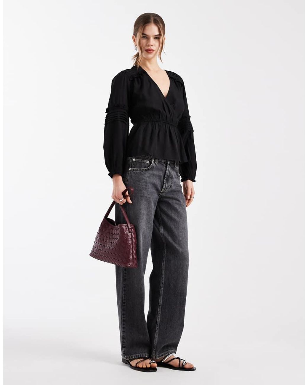 Wednesday's Girl Black V Neck Peplum Textured Long Sleeve Top