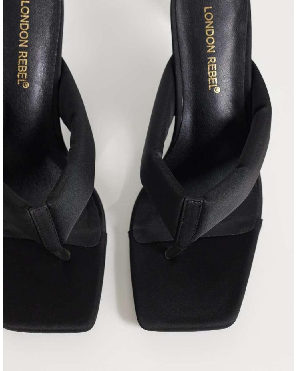 London Rebel Black Seren Satin Thong Heeled Sandals
