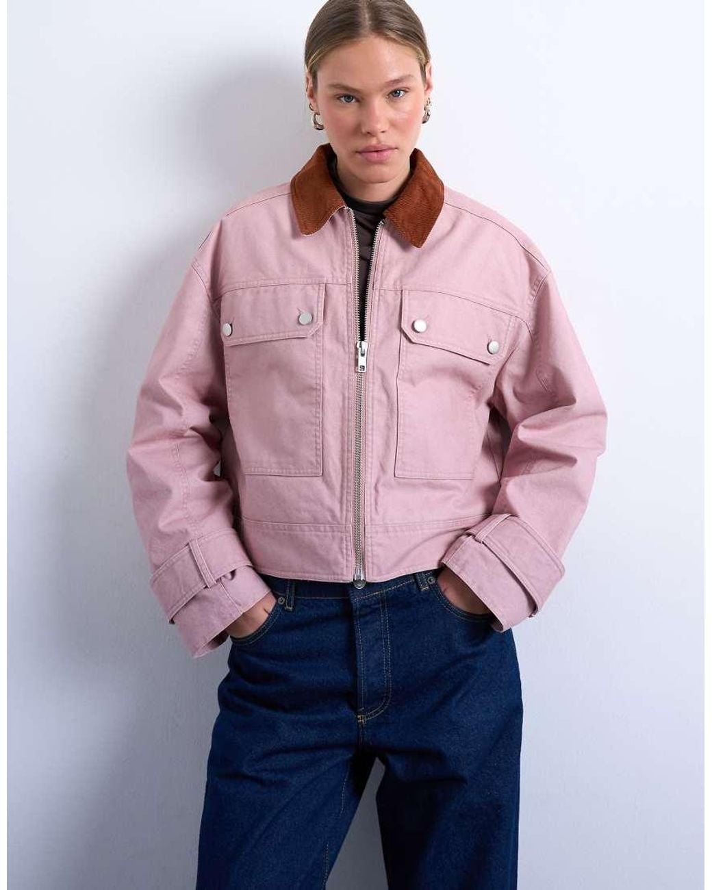 TOPSHOP Pink Patch Pocket Barn Jacket With Contrast Collar