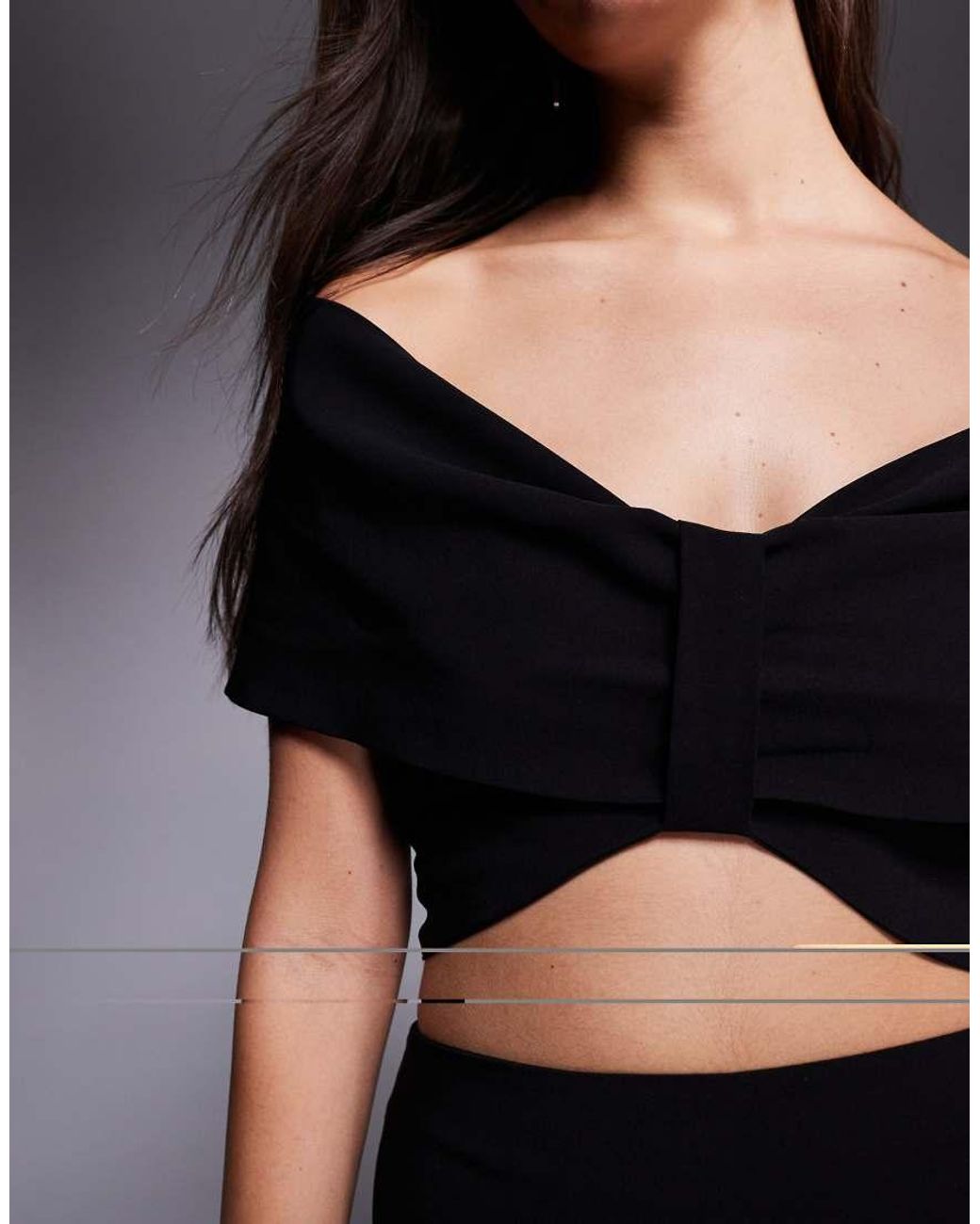 Vesper Black Bengaline Off Shoulder Twist Front Crop Top Co-ord