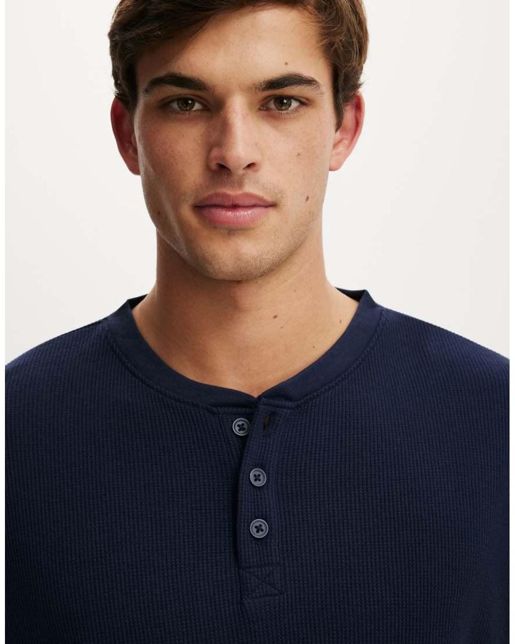 Cotton On Blue Relaxed Fit Textured Henley Long Sleeve for men