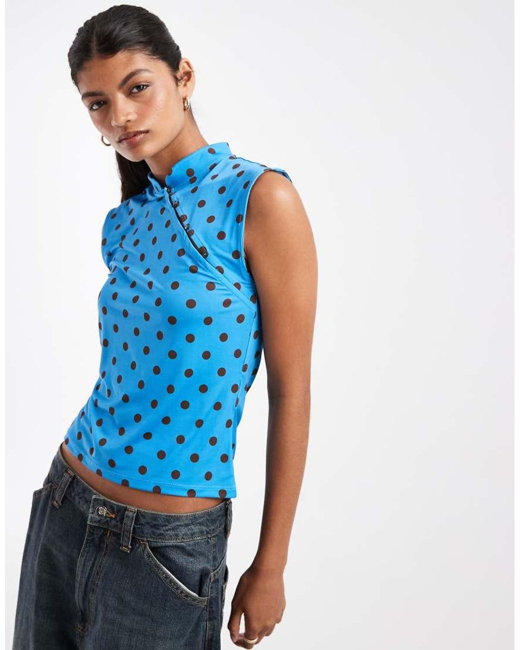 Pieces Blue Asymmetric Button Jersey Top