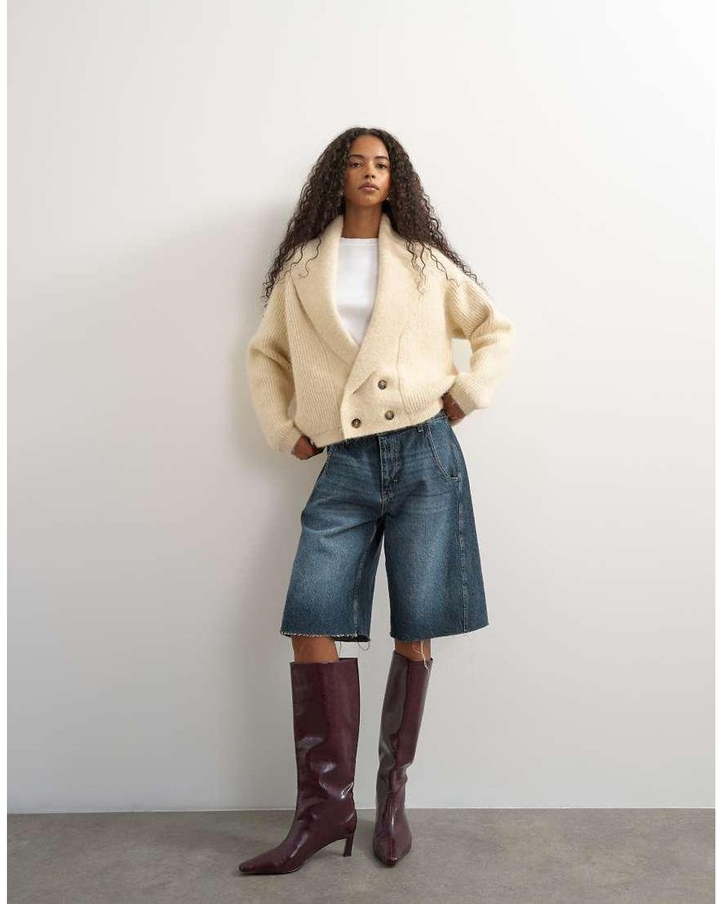TOPSHOP Natural Knit Slouchy Button Front Shawl Collared Cardigan