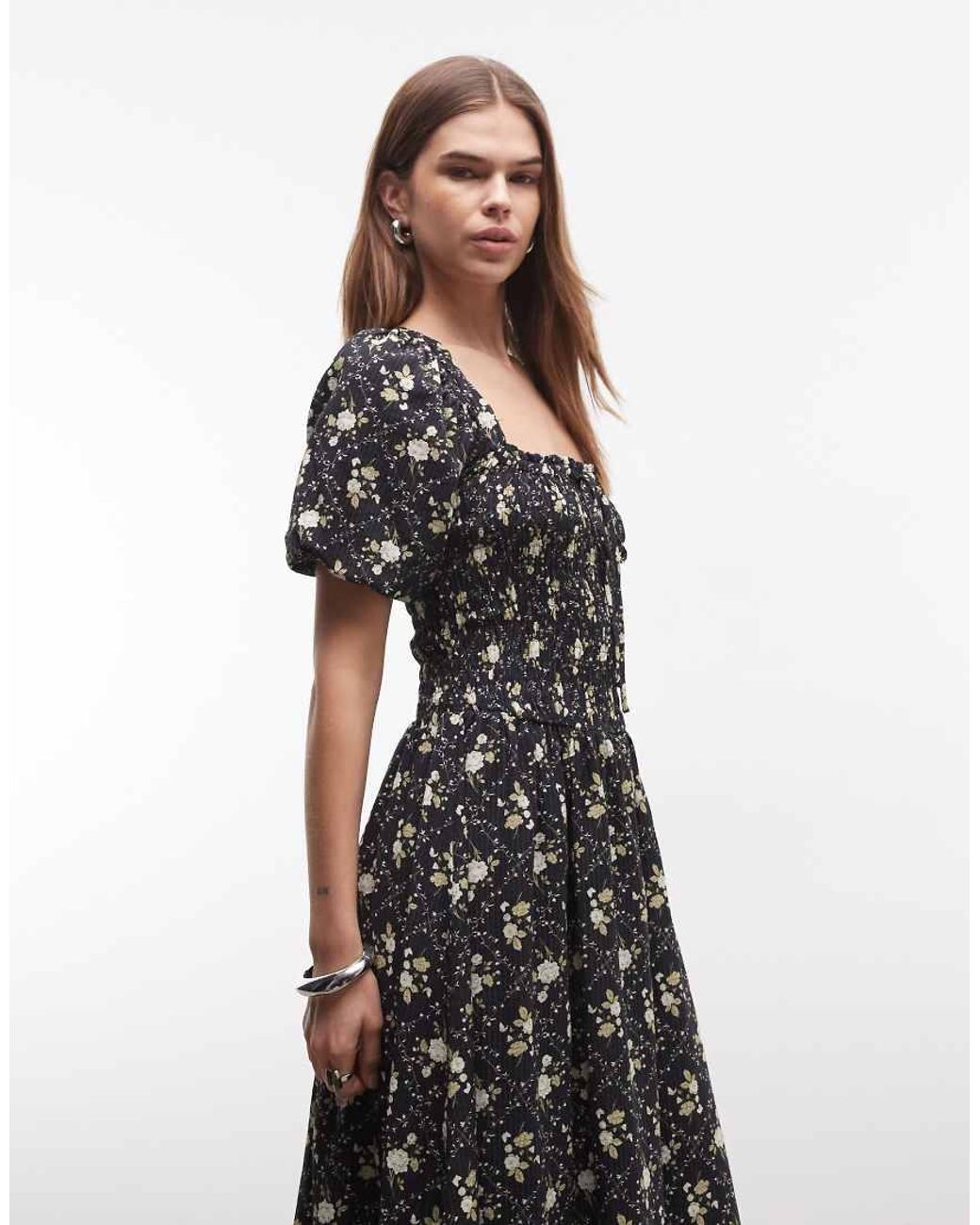 Daisy Street Black Shirred Maxi Dress With Puff Sleeves