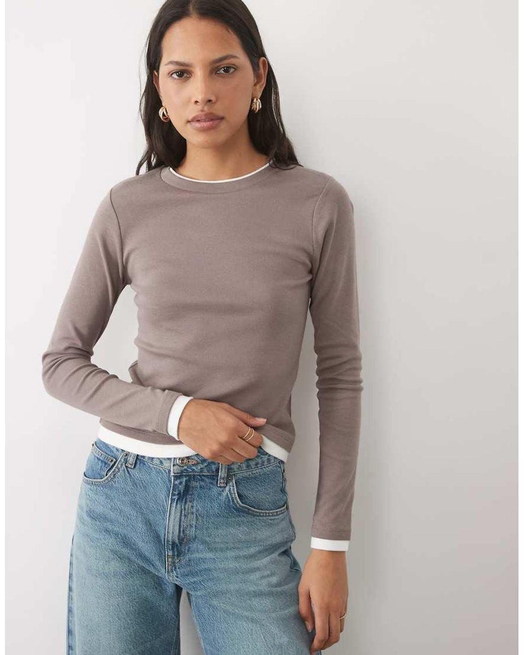 New Look Brown Double Layer Trim Long Sleeve Baby Tee