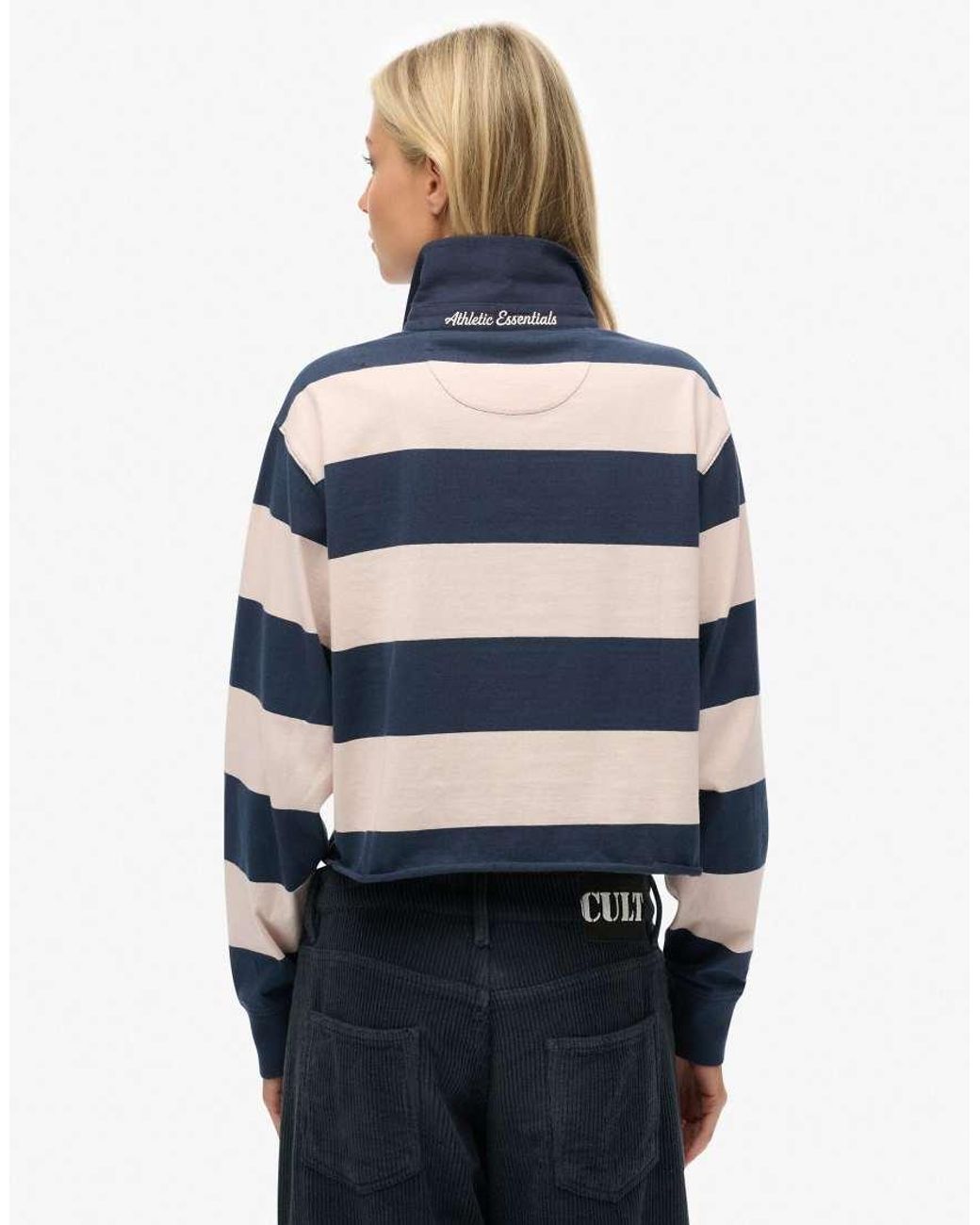 Superdry Blue Athletic Essentials Cropped Stripe Rugby Top