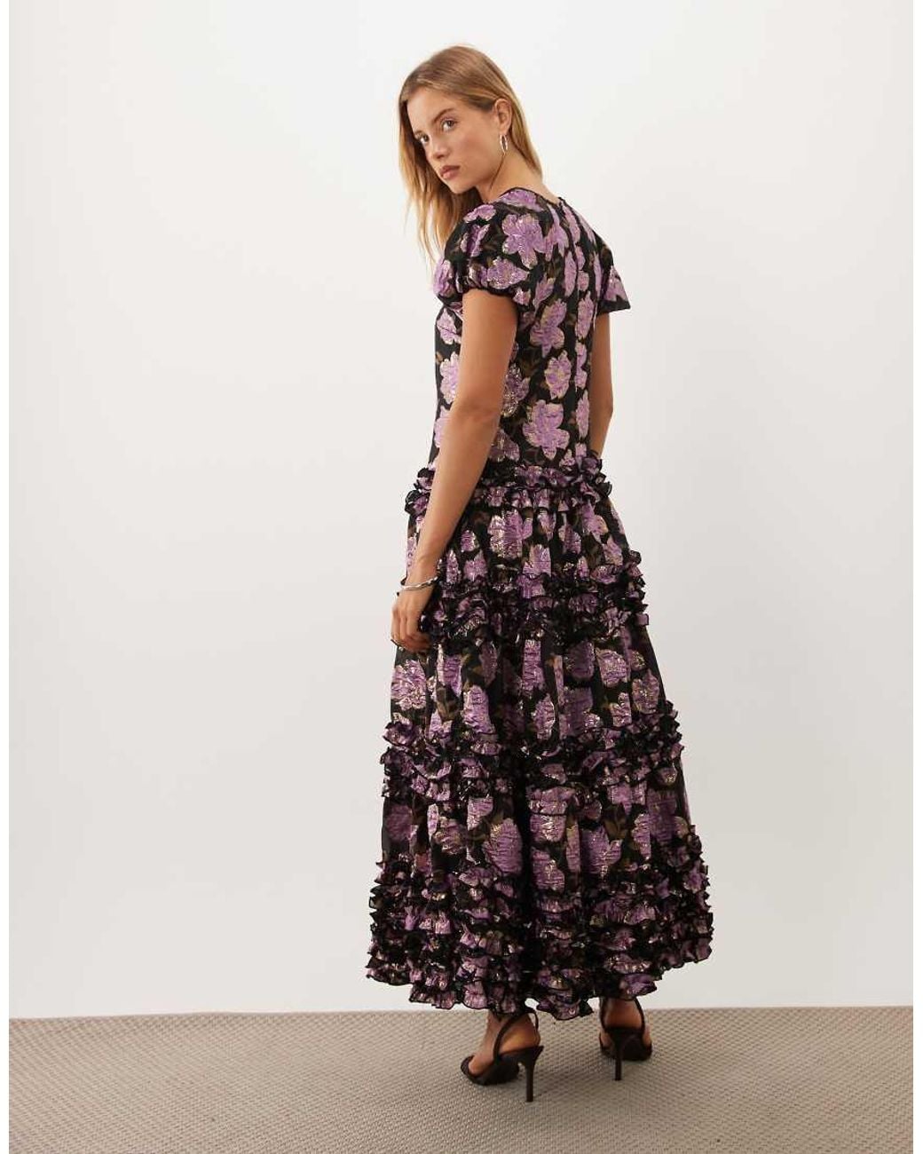 Sister Jane White Dream Amythest Jacquard Cap Sleeve Drop Wait Tiered Skirt Maxi Dress