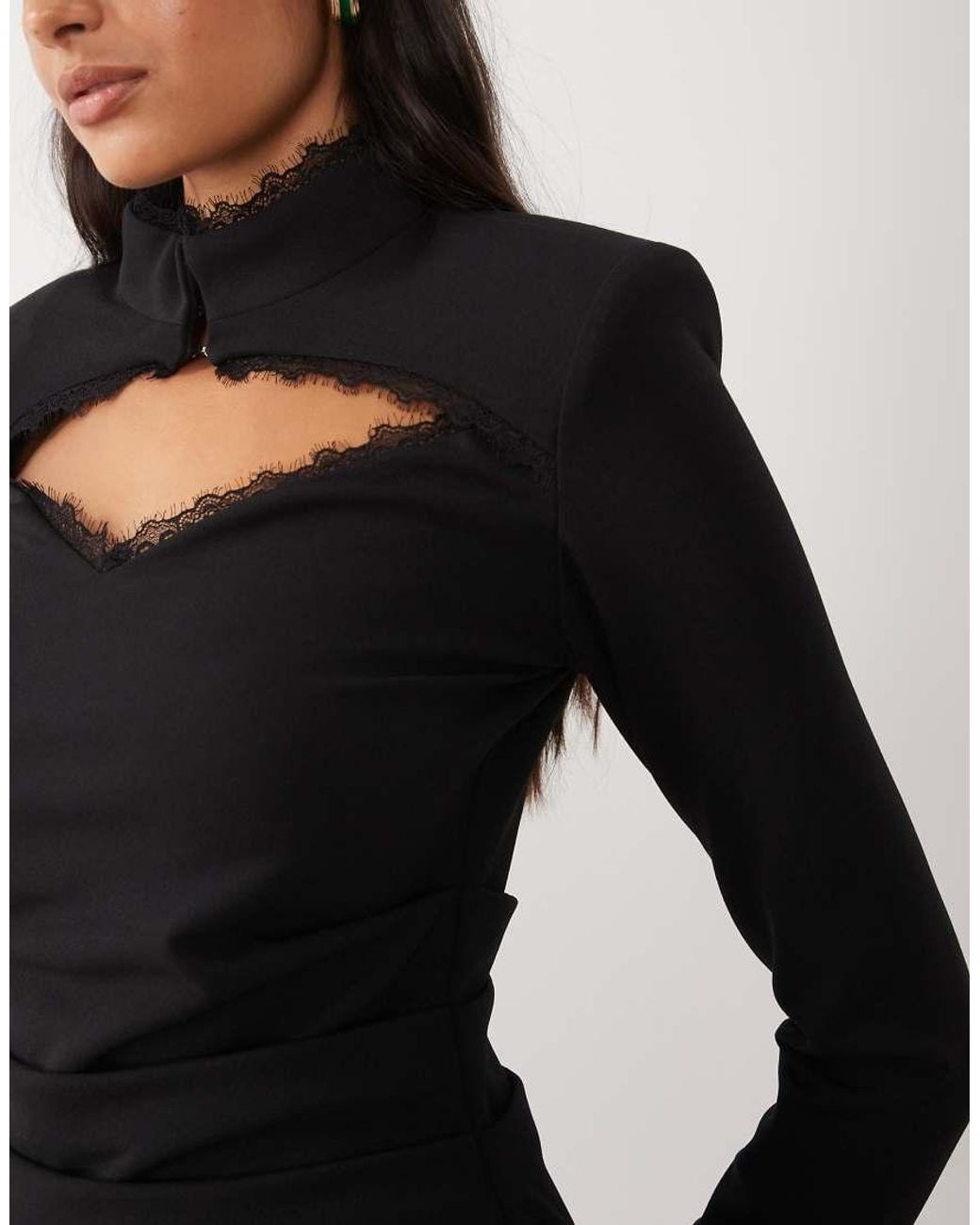 Ruched & Ready Black High Neck Lace Trim Shoulder Pad Mini Dress