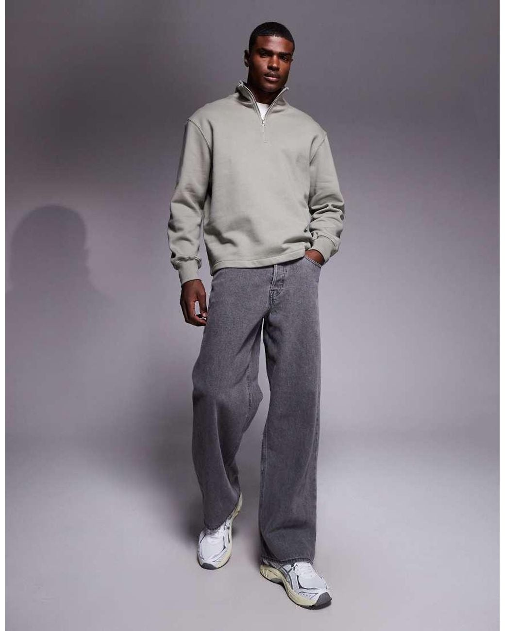 ASOS Gray Heavyweight Oversized Quarter Zip Sweatshirt With Fixed Hem for men