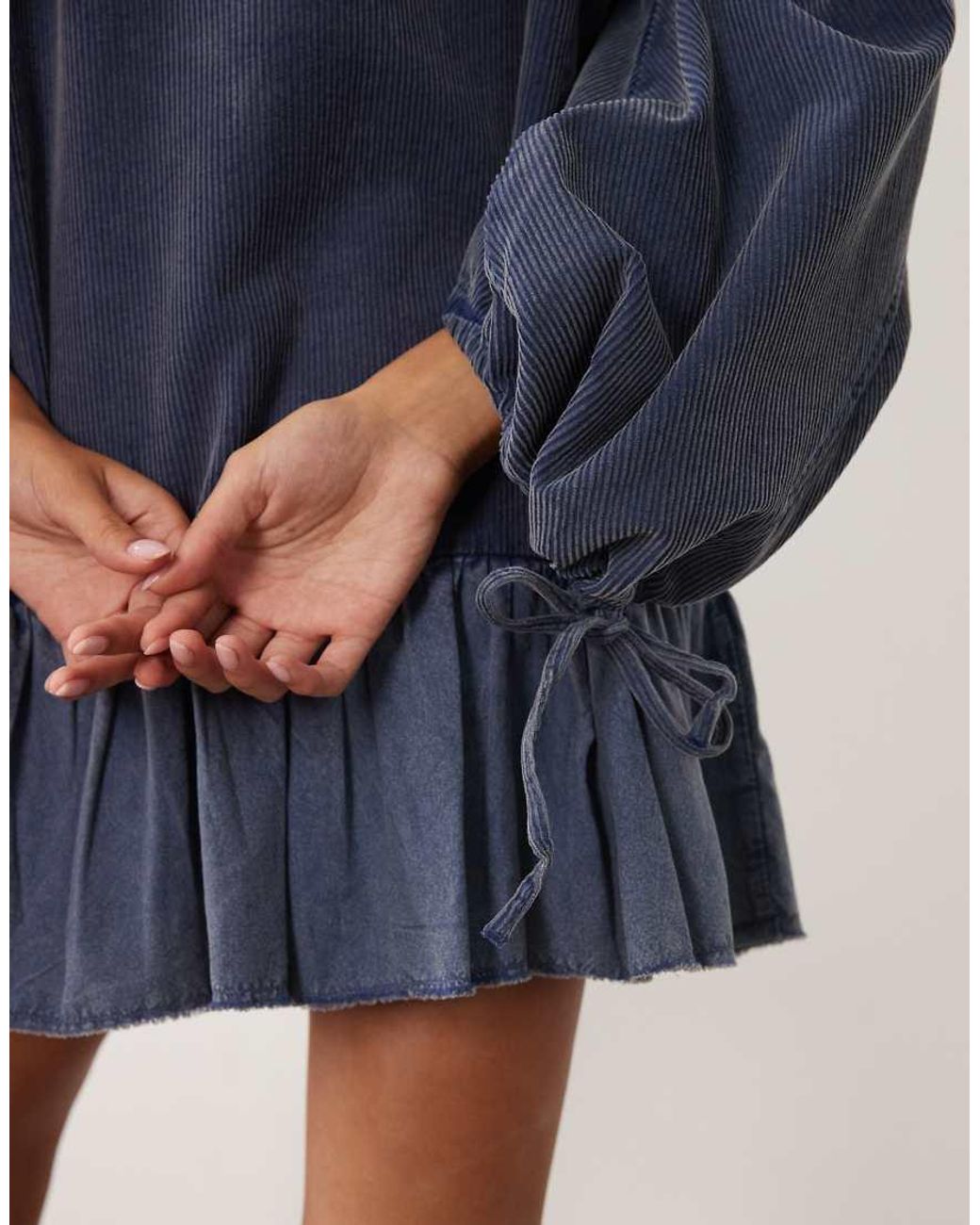ASOS Blue Hybrid Cord Shirt Mini Dress With Balloon Sleeve And Voile Hem
