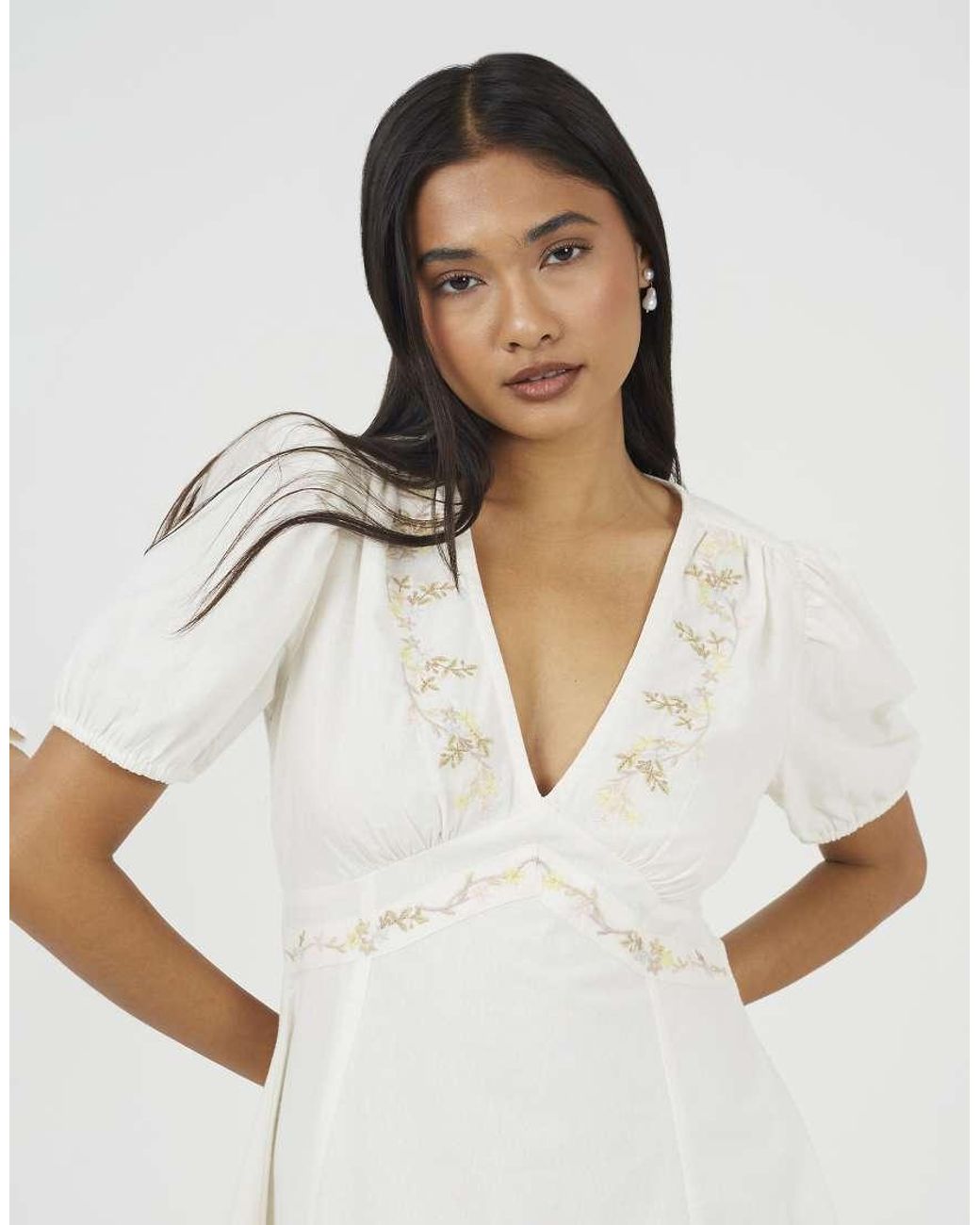 Brave Soul White Puff Sleeve Mini Dress With Floral Embroidery
