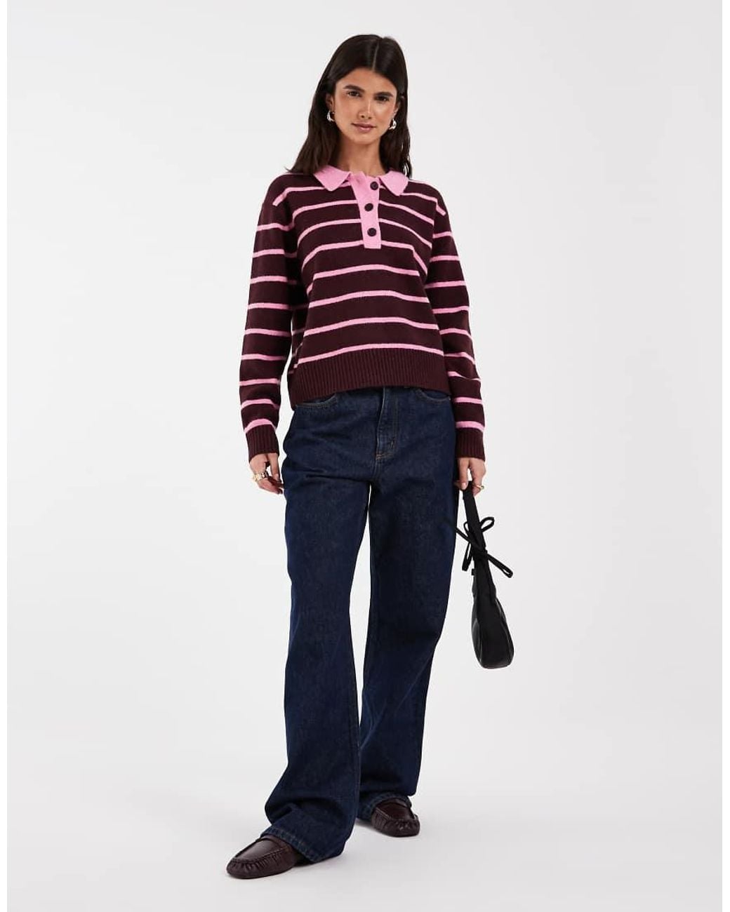 JJXX Red Long Sleeve Knitted Polo With Stripes