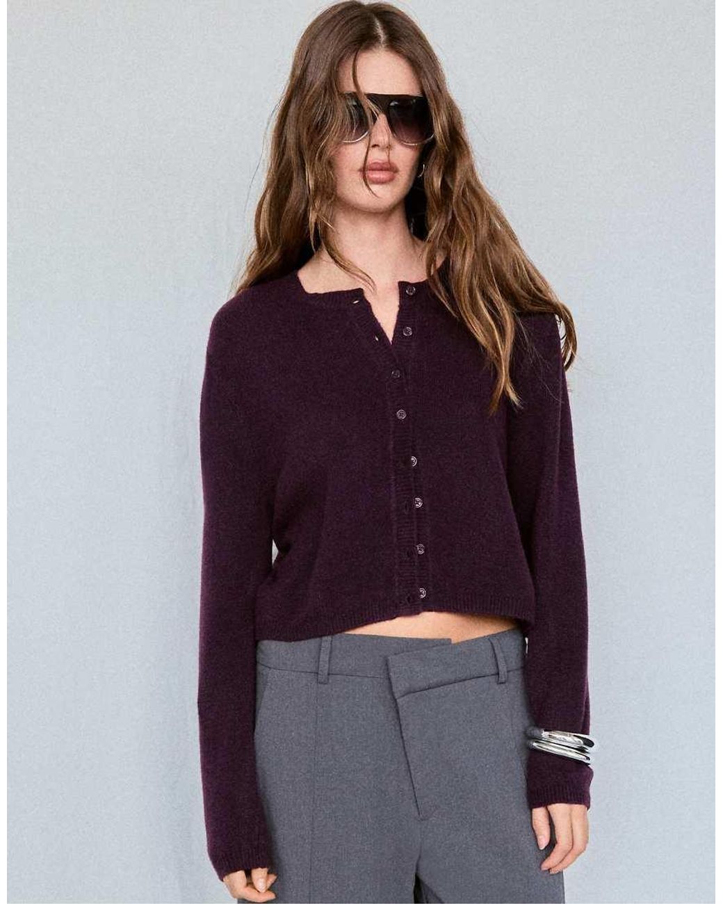 Stradivarius Purple Soft-touch Knit Cardigan With Buttons