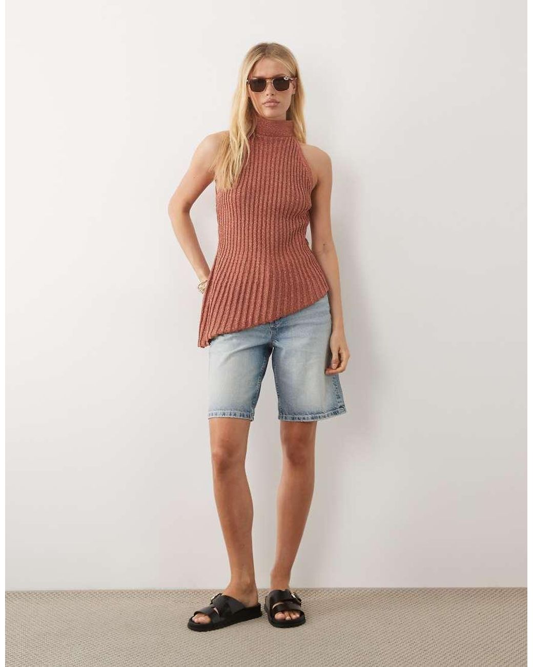 ASOS Brown Metallic Knitted Asymmetrical Halter Top