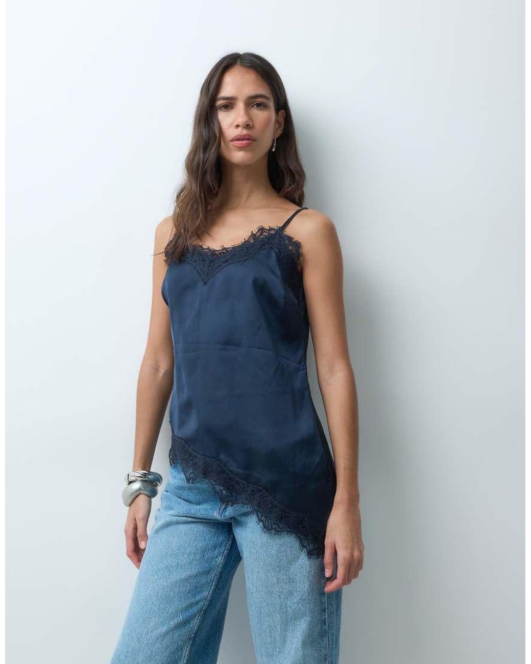 New Look Blue Longline Asymmetric Lace Trim Satin Cami Top