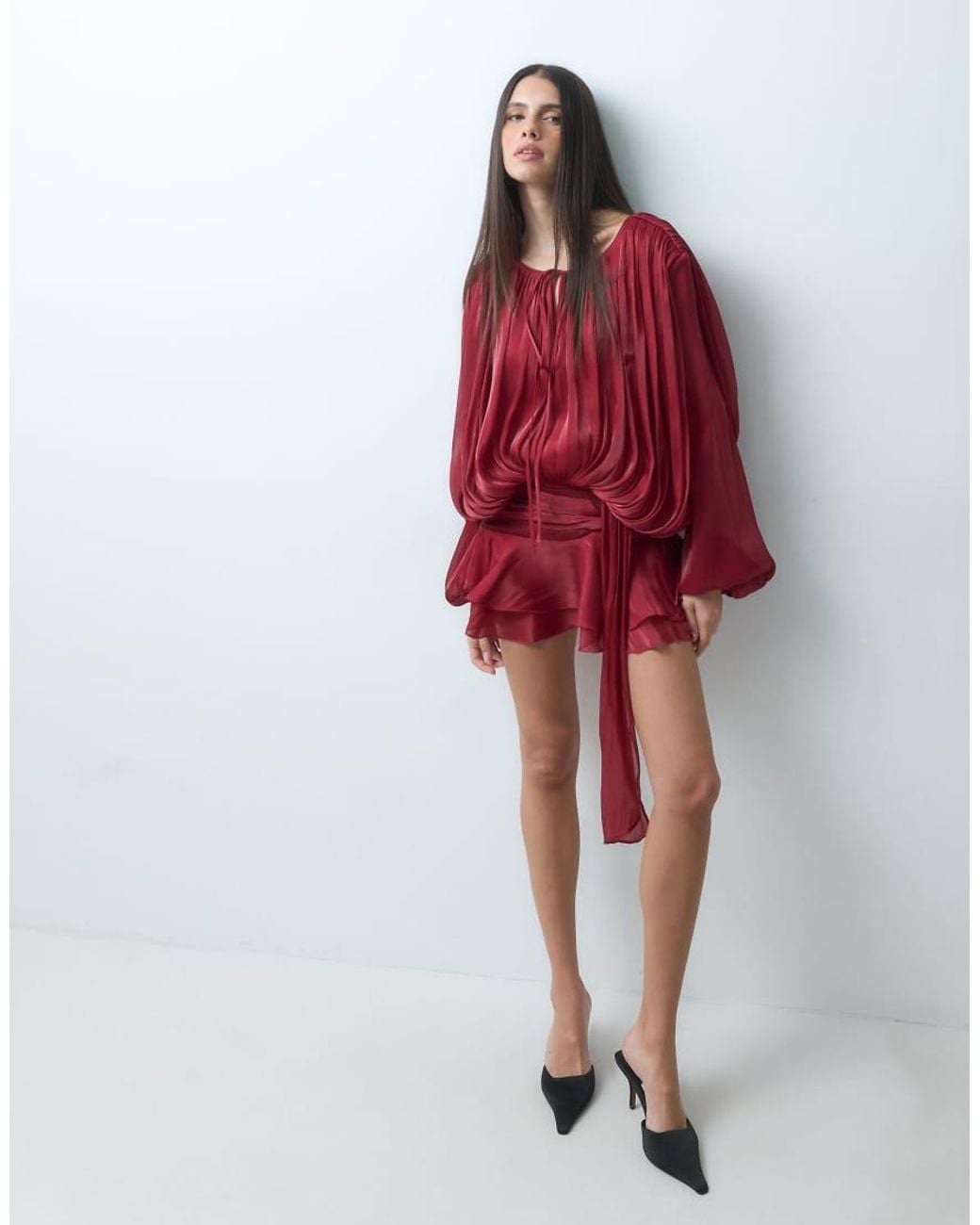 Lioness Red Exclusive Elements High Sheen Chiffon Drape Detail Balloon Sleeve Tie Waist Mini Dress