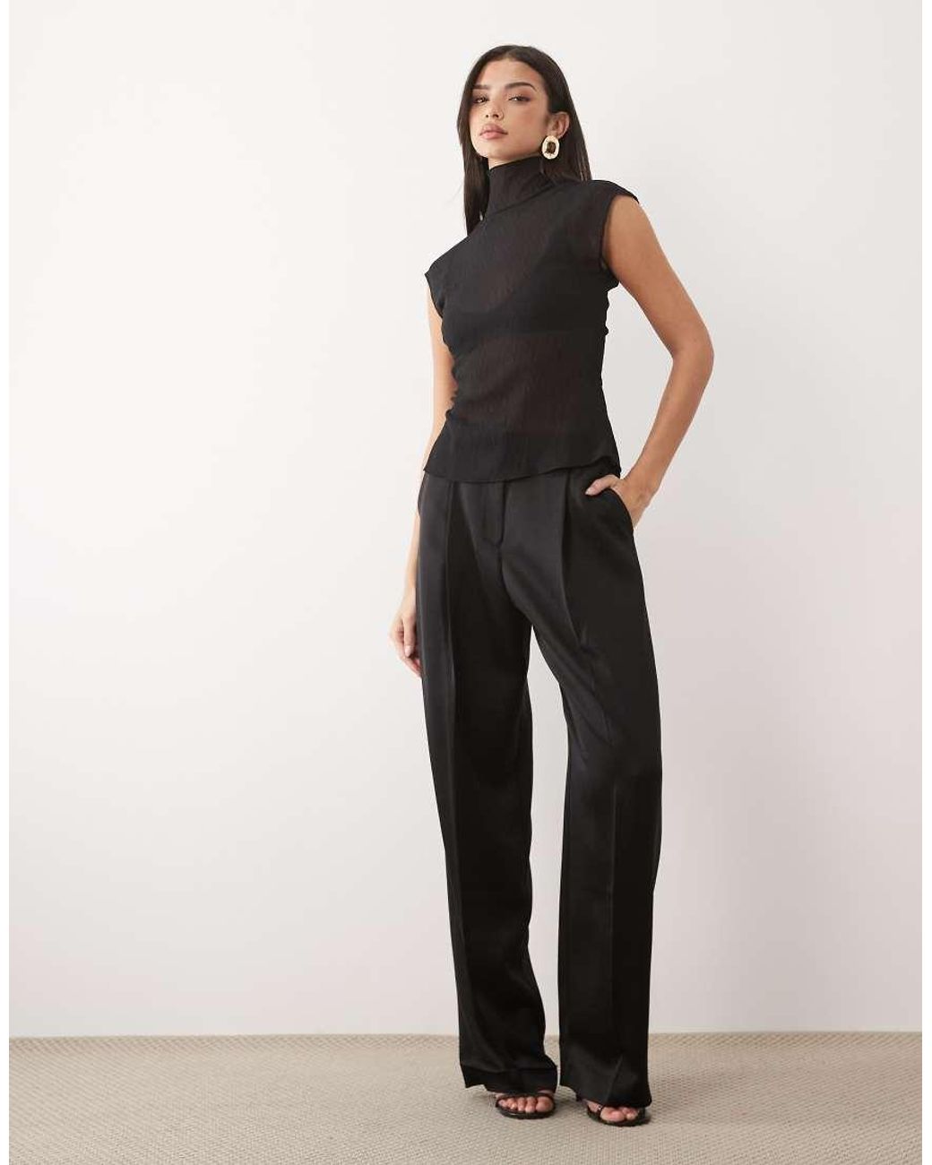 ASOS Black Chiffon Plisse Funnel Neck Blouse