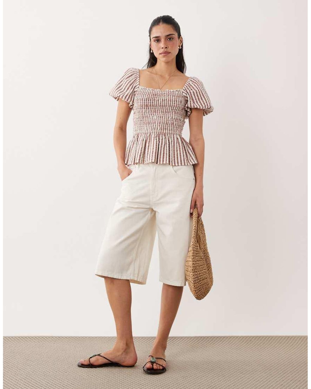 New Look Natural Stripe Shirred Top